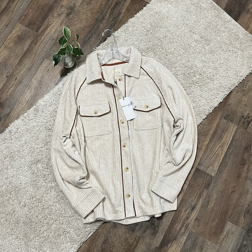 TXS by Thread & Supply Large Corduroy Cream Brown Button Front Shacket NWT